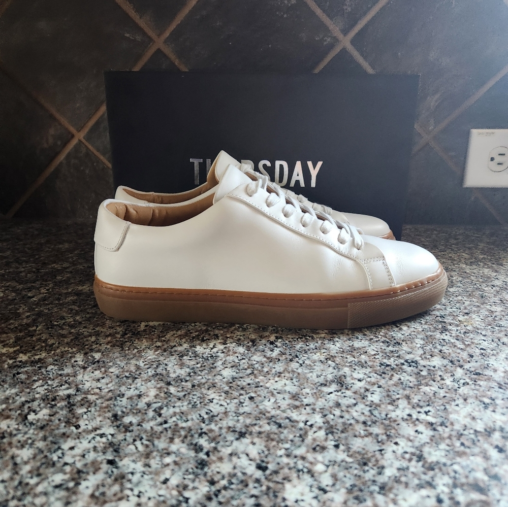 Thursday Boot Company White Leather Sneakers with Tan Sole and Lined Collar - Picture 2 of 6